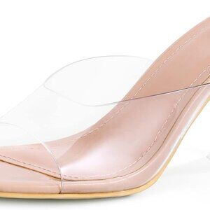 Women's Clear Heeled Sandals Square Toe Transparent Stiletto Mules Dress Shoes